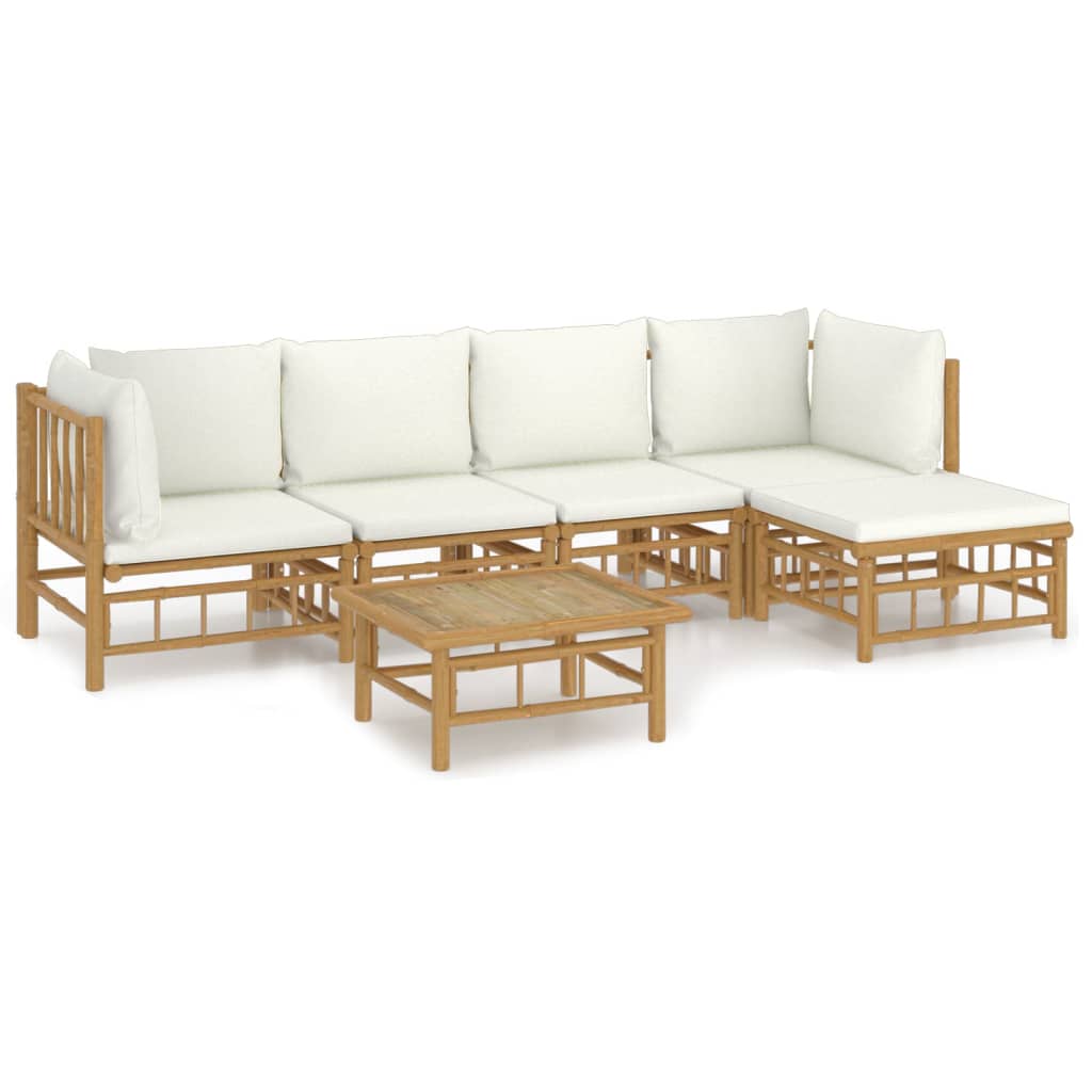 Salon de jardin 6 pcs avec coussins blanc crème bambou