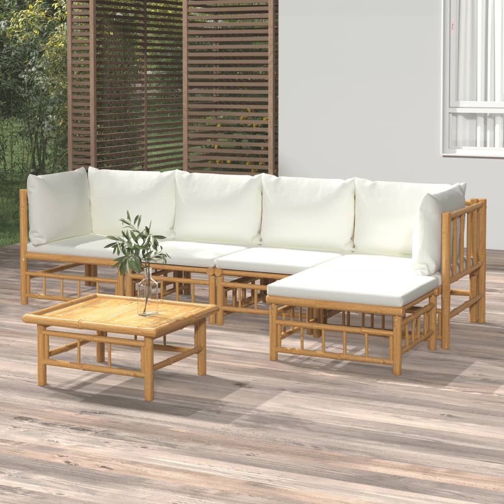 Salon de jardin 6 pcs avec coussins blanc crème bambou