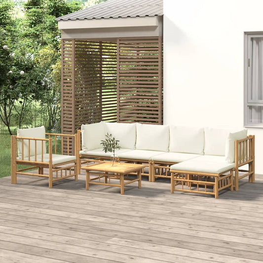 Salon de jardin 7 pcs avec coussins blanc crème bambou