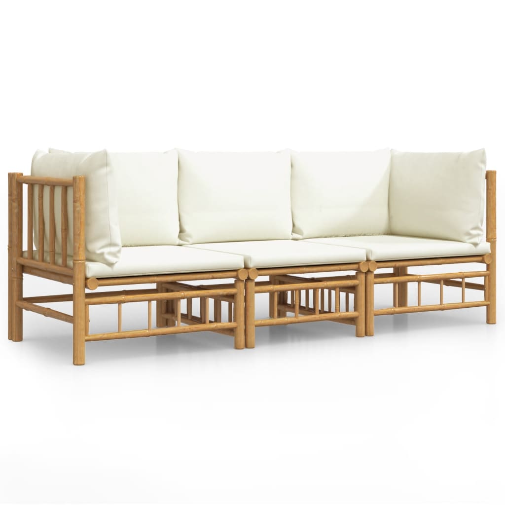 Salon de jardin 3 pcs avec coussins blanc crème bambou