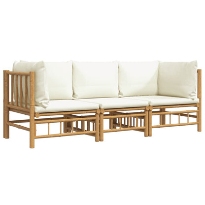 Salon de jardin 3 pcs avec coussins blanc crème bambou