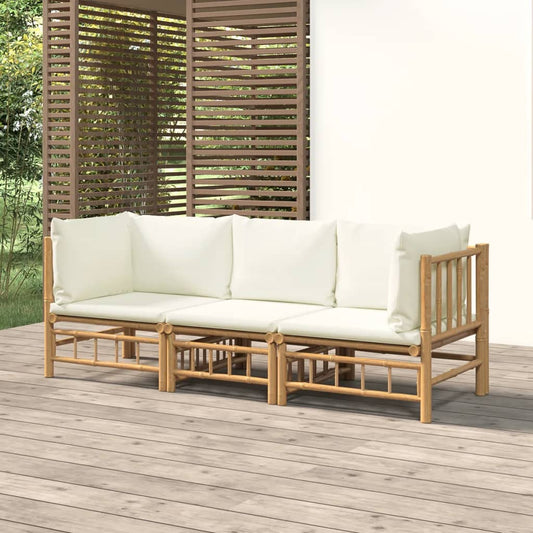 Salon de jardin 3 pcs avec coussins blanc crème bambou