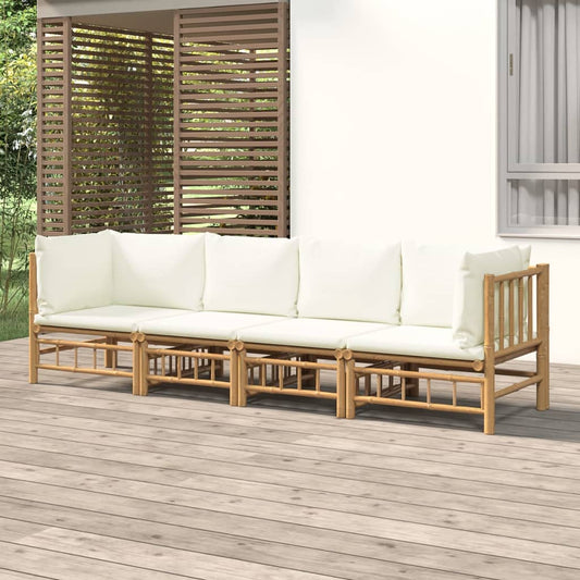 Salon de jardin 4 pcs avec coussins blanc crème bambou