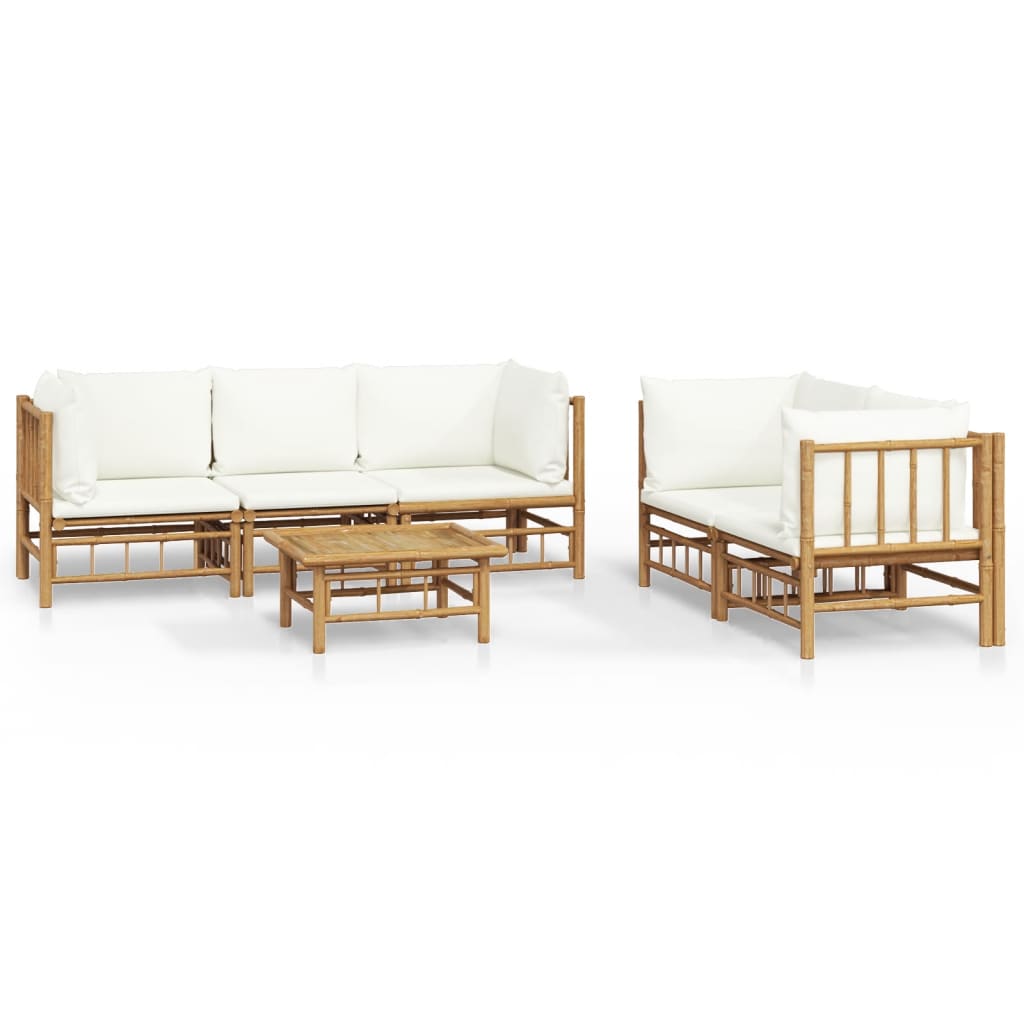 Salon de jardin 6 pcs avec coussins blanc crème bambou