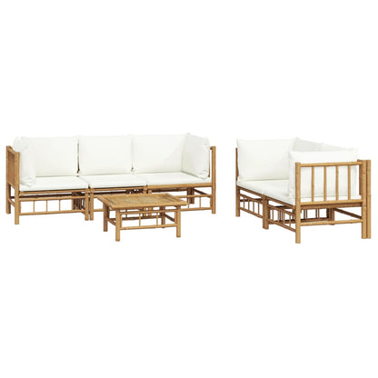 Salon de jardin 6 pcs avec coussins blanc crème bambou