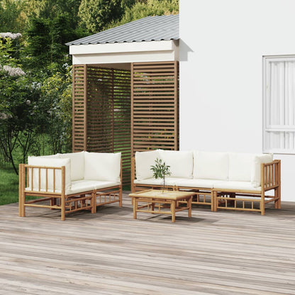 Salon de jardin 6 pcs avec coussins blanc crème bambou