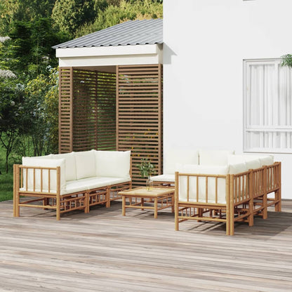 Salon de jardin 9 pcs avec coussins blanc crème bambou