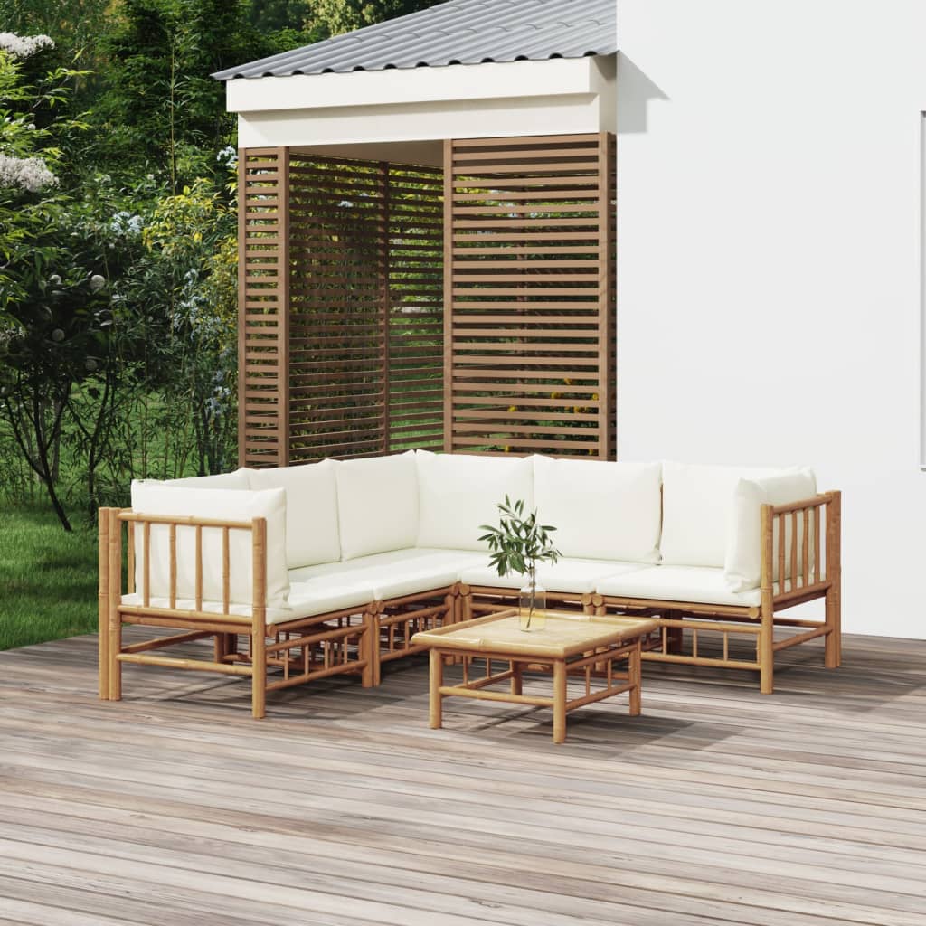 Salon de jardin 6 pcs avec coussins blanc crème bambou