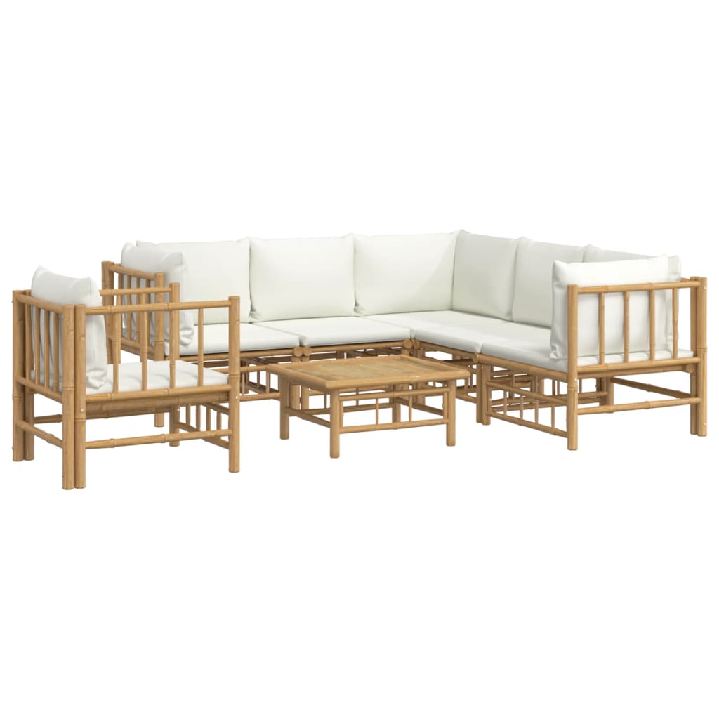 Salon de jardin 7 pcs avec coussins blanc crème bambou