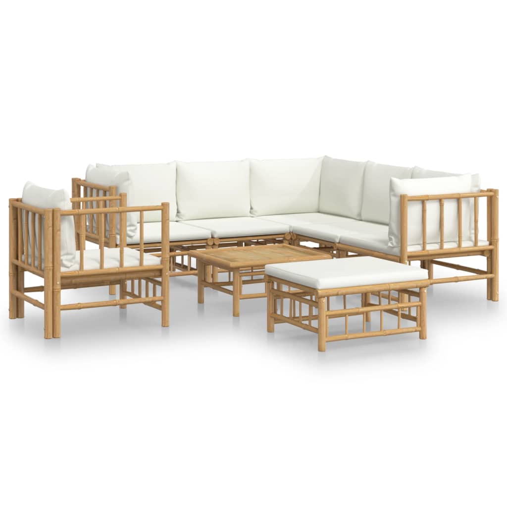 Salon de jardin 8 pcs avec coussins blanc crème bambou