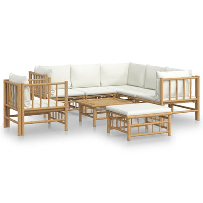 Salon de jardin 8 pcs avec coussins blanc crème bambou