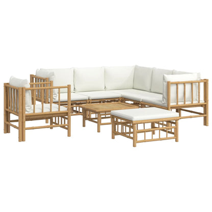 Salon de jardin 8 pcs avec coussins blanc crème bambou