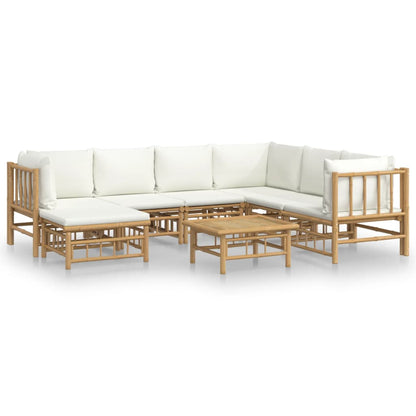 Salon de jardin 8 pcs avec coussins blanc crème bambou