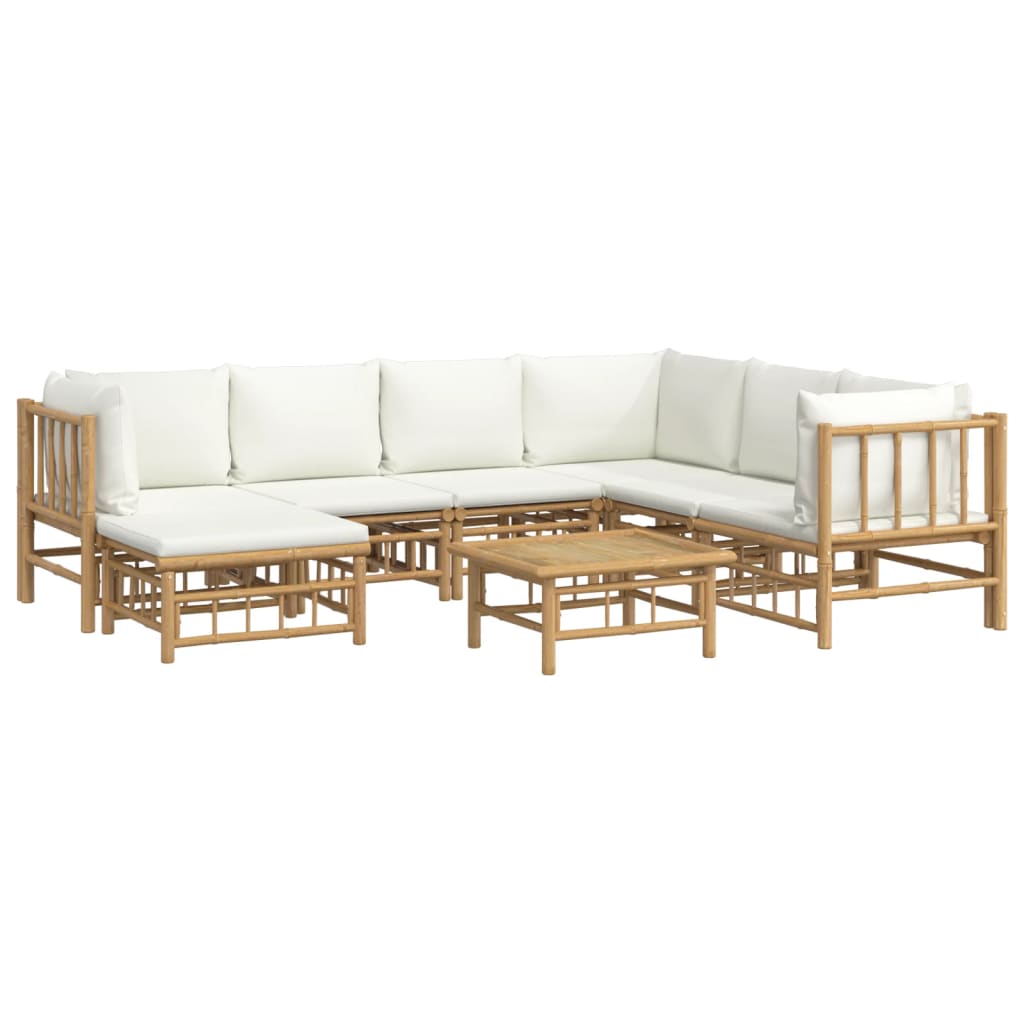 Salon de jardin 8 pcs avec coussins blanc crème bambou