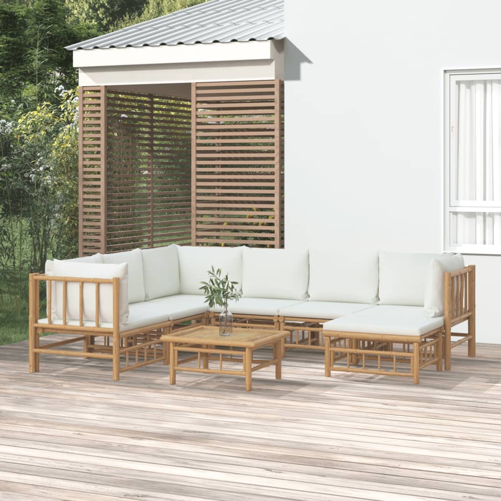 Salon de jardin 8 pcs avec coussins blanc crème bambou