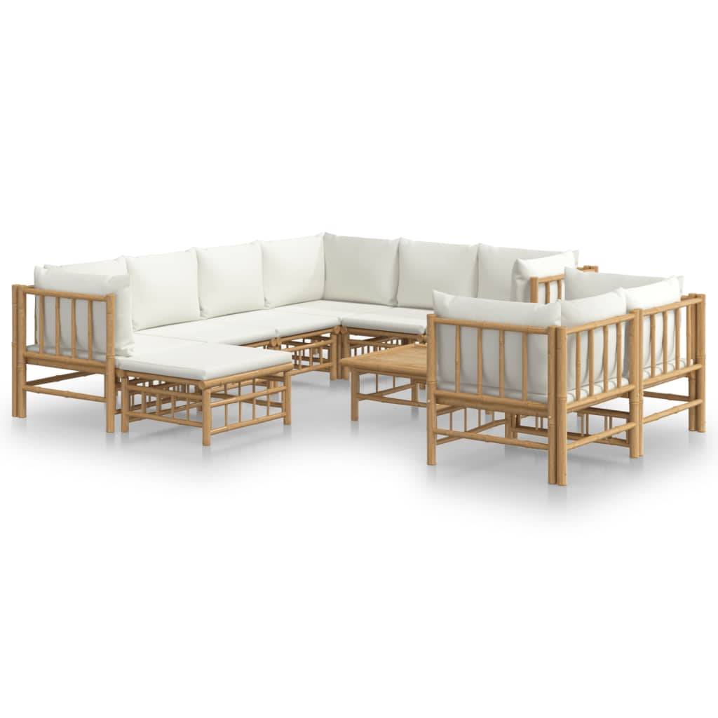 Salon de jardin 10 pcs avec coussins blanc crème bambou