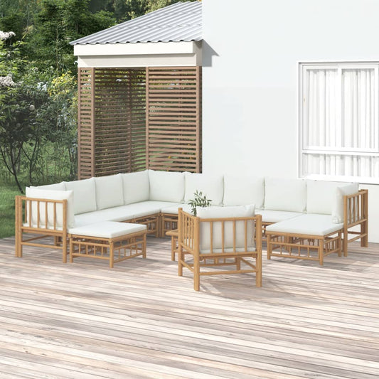 Salon de jardin 12 pcs avec coussins blanc crème bambou