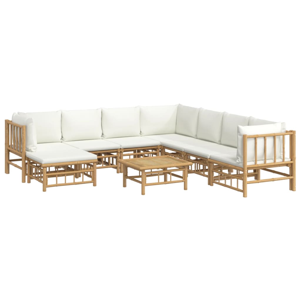 Salon de jardin 9 pcs avec coussins blanc crème bambou