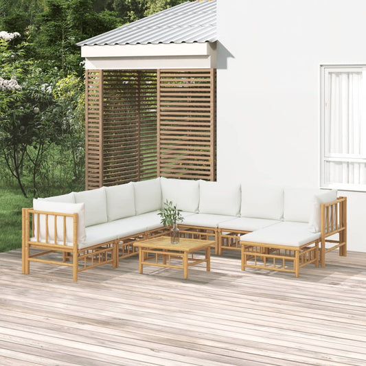 Salon de jardin 9 pcs avec coussins blanc crème bambou