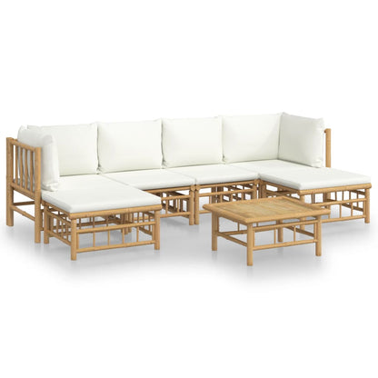 Salon de jardin 7 pcs avec coussins blanc crème bambou