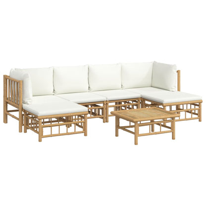 Salon de jardin 7 pcs avec coussins blanc crème bambou