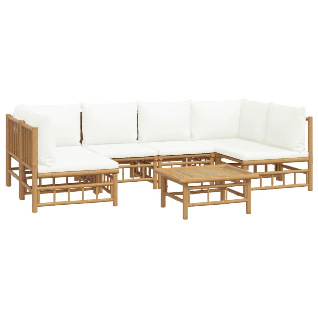 Salon de jardin 7 pcs avec coussins blanc crème bambou