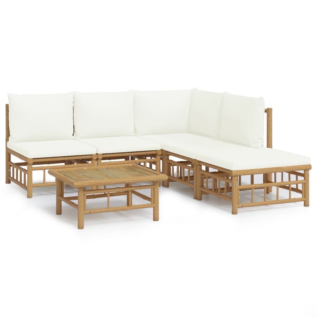 Salon de jardin 6 pcs avec coussins blanc crème bambou