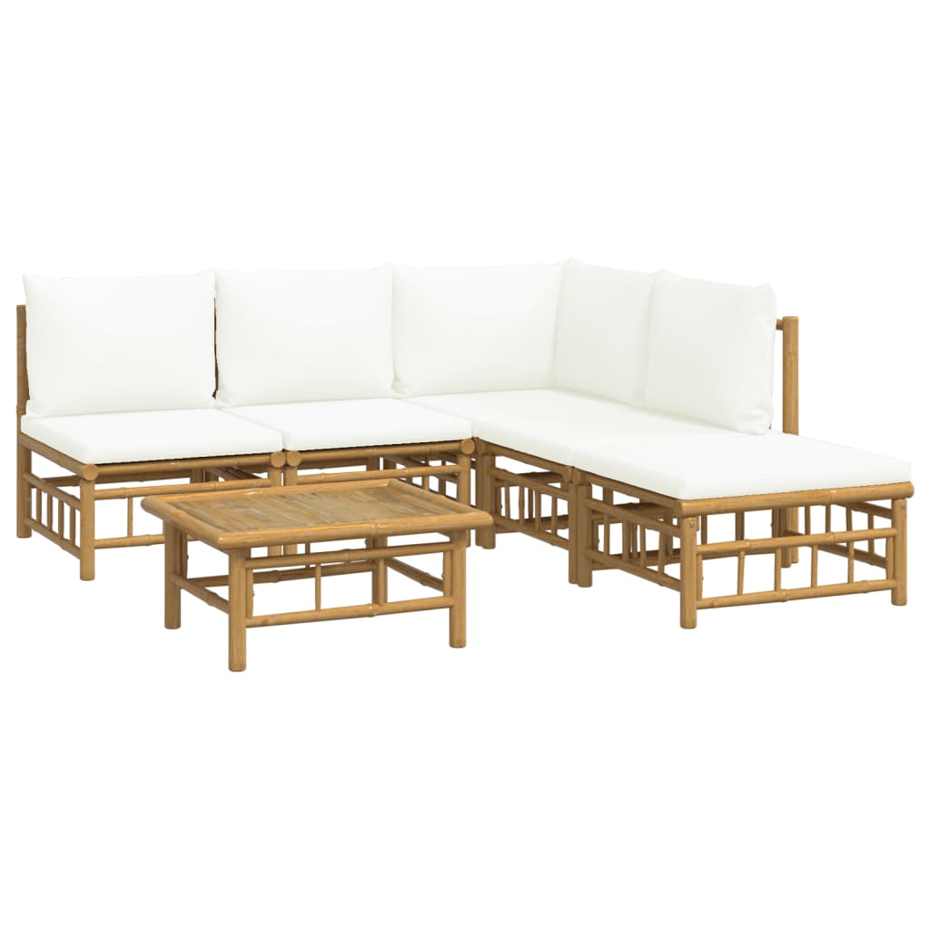 Salon de jardin 6 pcs avec coussins blanc crème bambou