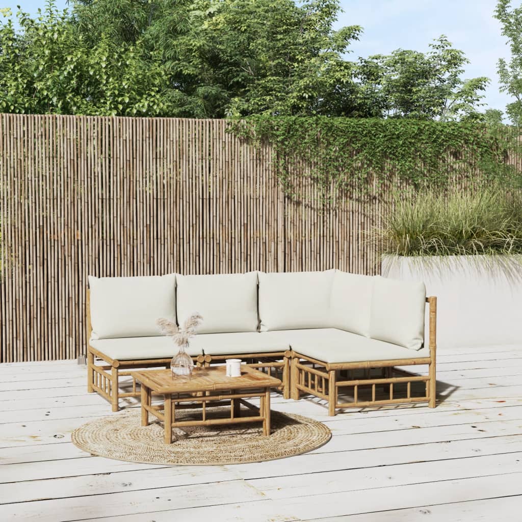 Salon de jardin 5 pcs avec coussins blanc crème bambou