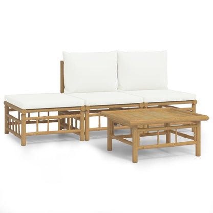 Salon de jardin 4 pcs avec coussins blanc crème bambou