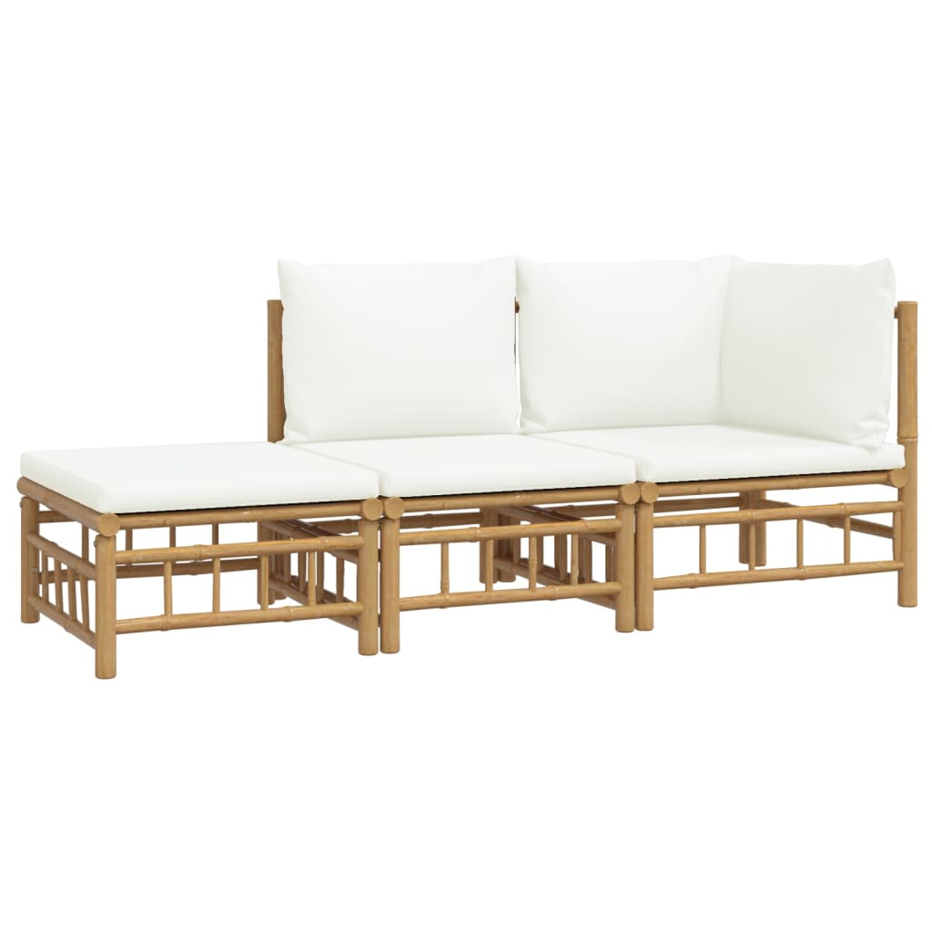 Salon de jardin 3 pcs avec coussins blanc crème bambou