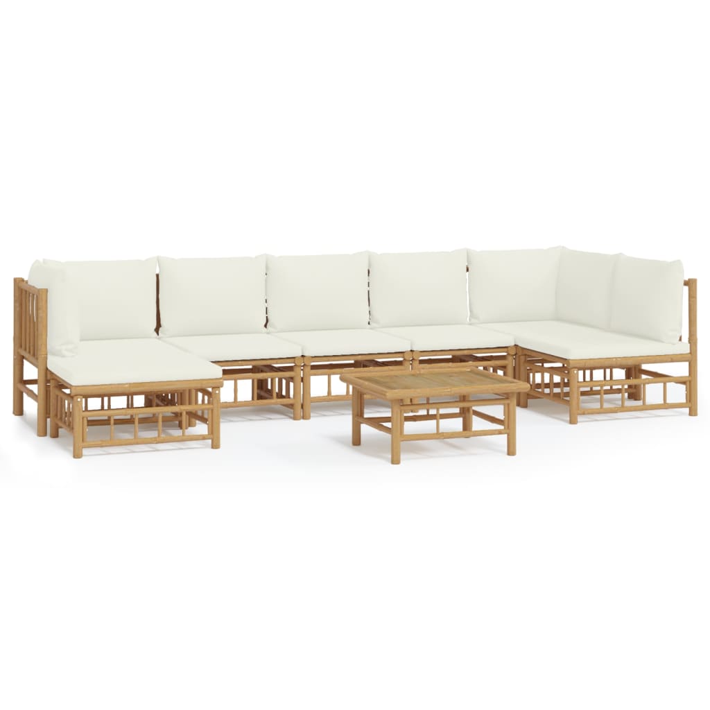 Salon de jardin 8 pcs avec coussins blanc crème bambou