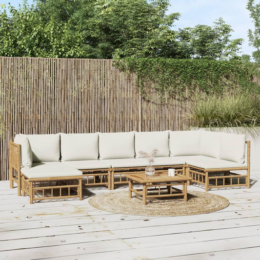 Salon de jardin 8 pcs avec coussins blanc crème bambou