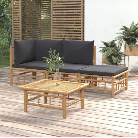 Salon de jardin 4 pcs avec coussins gris foncé bambou