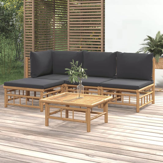 Salon de jardin 5 pcs avec coussins gris foncé bambou