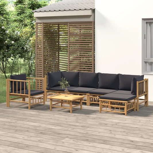 Salon de jardin 7 pcs avec coussins gris foncé bambou