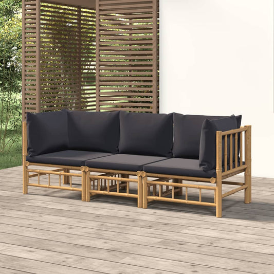 Salon de jardin 3 pcs avec coussins gris foncé bambou