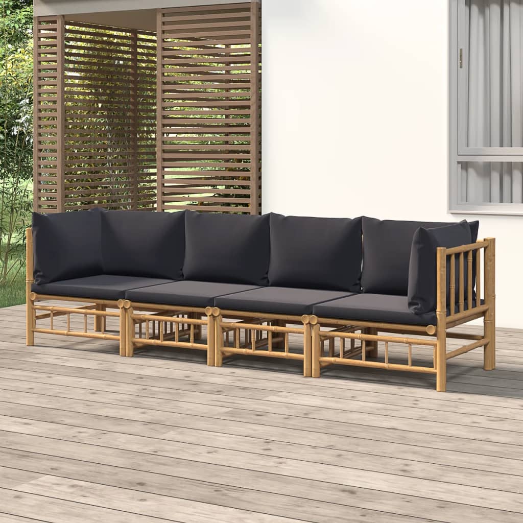 Salon de jardin 4 pcs avec coussins gris foncé bambou