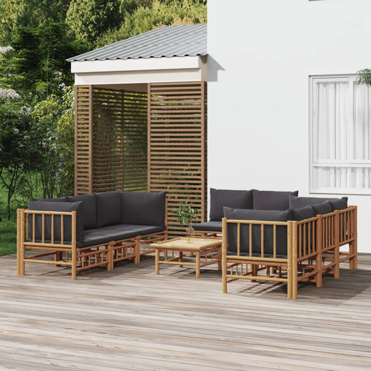 Salon de jardin 9 pcs avec coussins gris foncé bambou