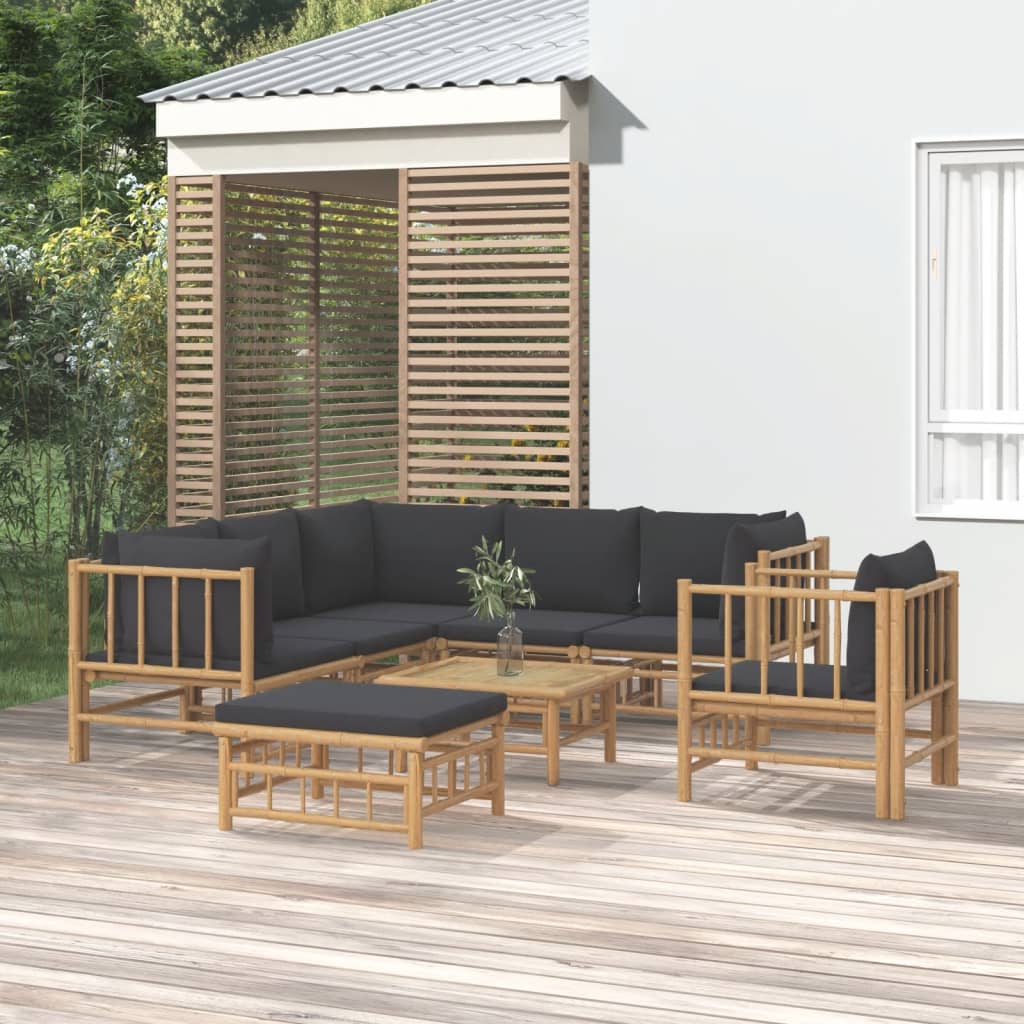 Salon de jardin 8 pcs avec coussins gris foncé bambou