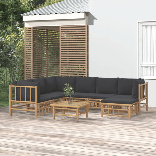 Salon de jardin 8 pcs avec coussins gris foncé bambou