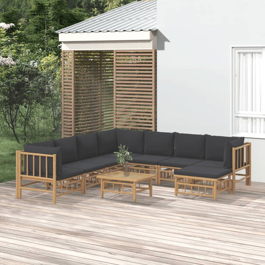 Salon de jardin 9 pcs avec coussins gris foncé bambou