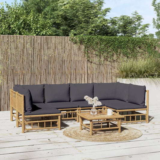 Salon de jardin 7 pcs avec coussins gris foncé bambou