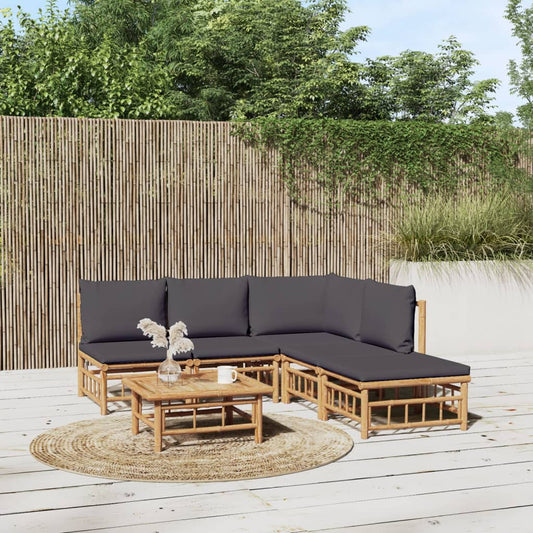 Salon de jardin 6 pcs avec coussins gris foncé bambou