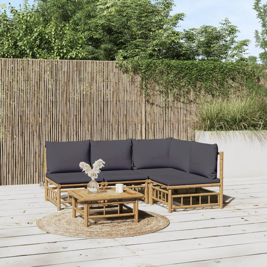 Salon de jardin 5 pcs avec coussins gris foncé bambou