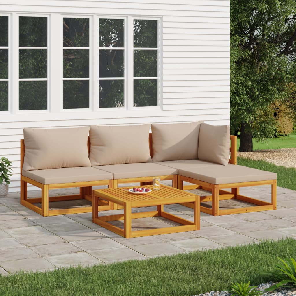 Salon de jardin 5 pcs avec coussins taupe bois massif