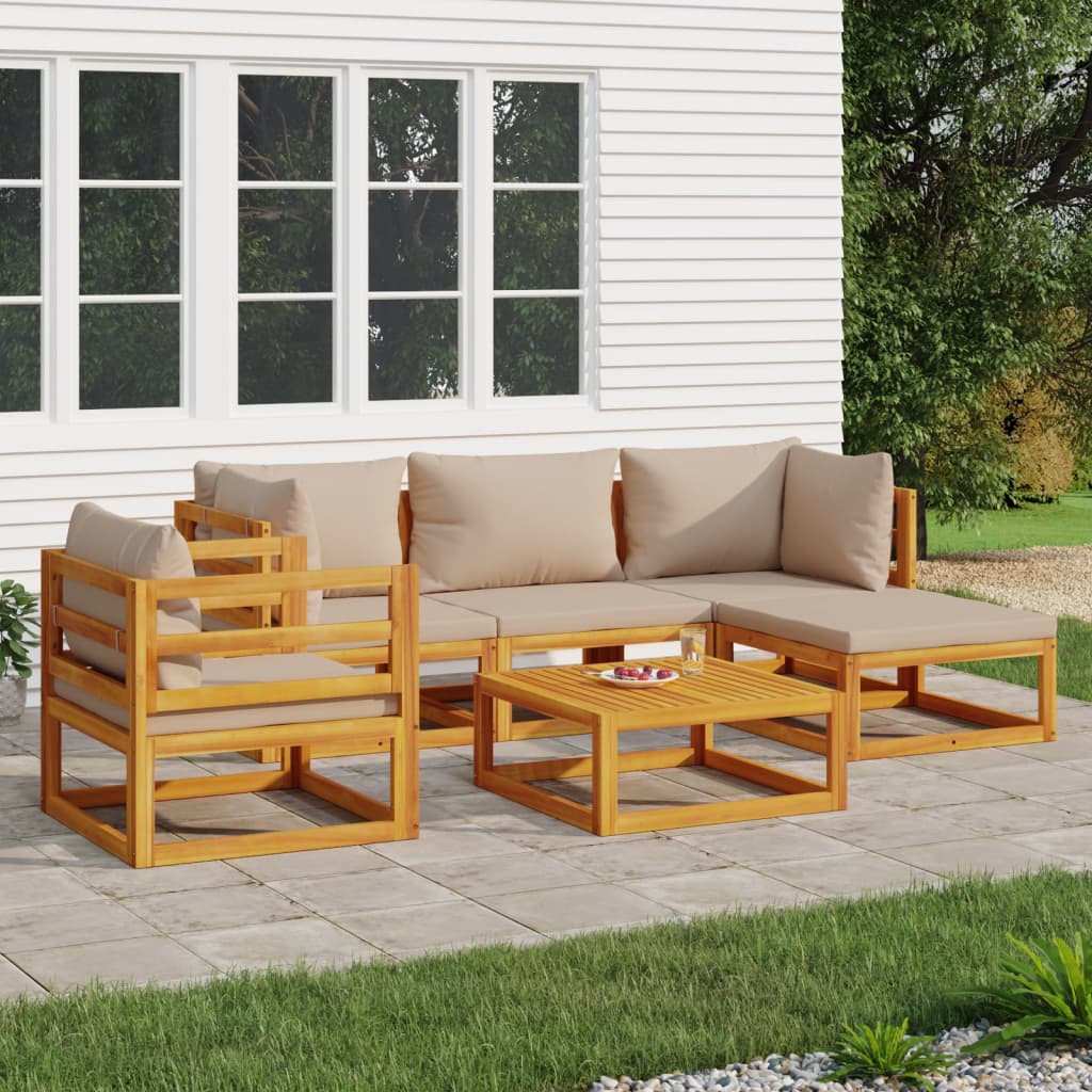 Salon de jardin 6 pcs avec coussins taupe bois massif