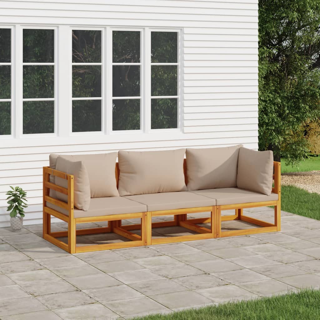 Salon de jardin 3 pcs avec coussins taupe bois massif