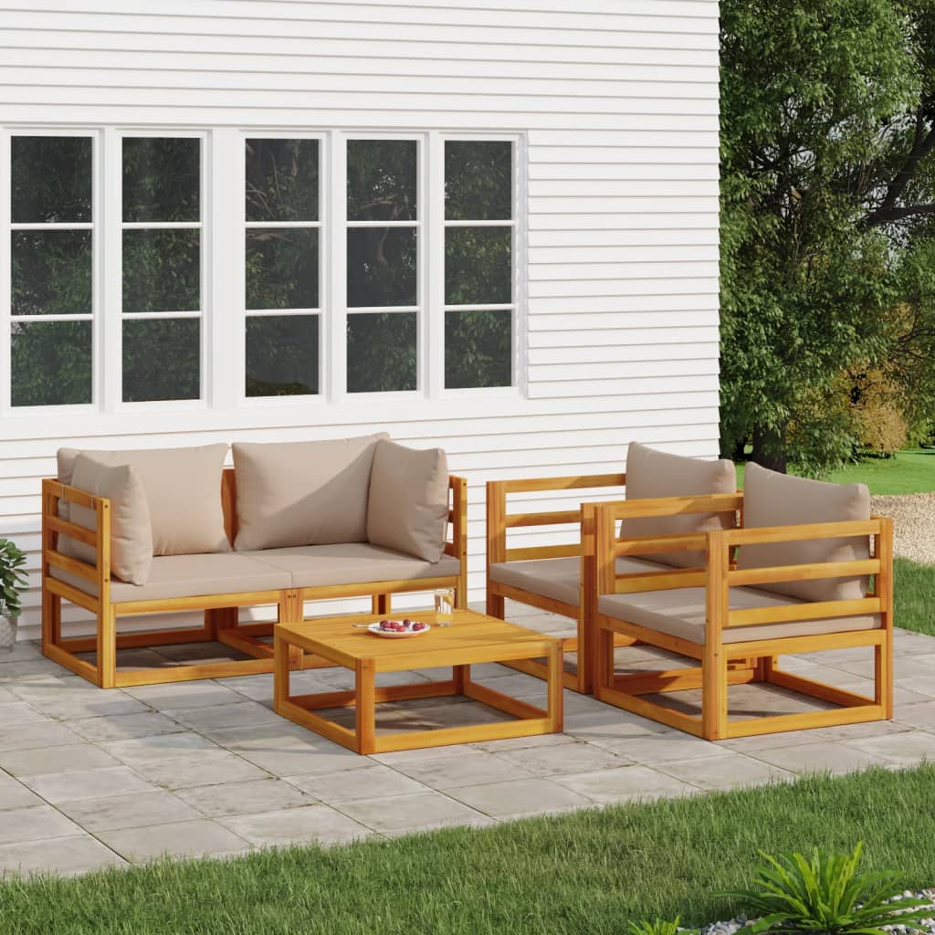 Salon de jardin 5 pcs avec coussins taupe bois massif