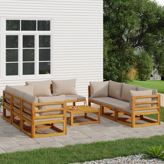 Salon de jardin 9 pcs avec coussins taupe bois massif